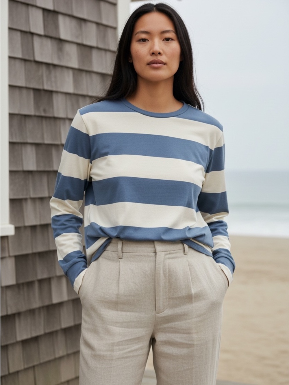 Coastal Grandma Cottagecore Preppy Soft Long-Sleeve Crewneck Top in Blue & Cream